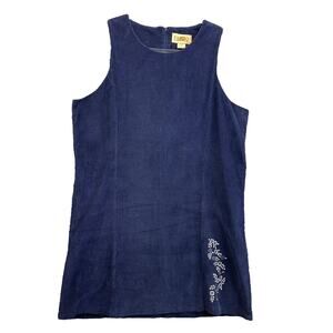 Fargo Women's Dress Corduroy Shift Dress Blue Embroidered Flowers Size 13/14